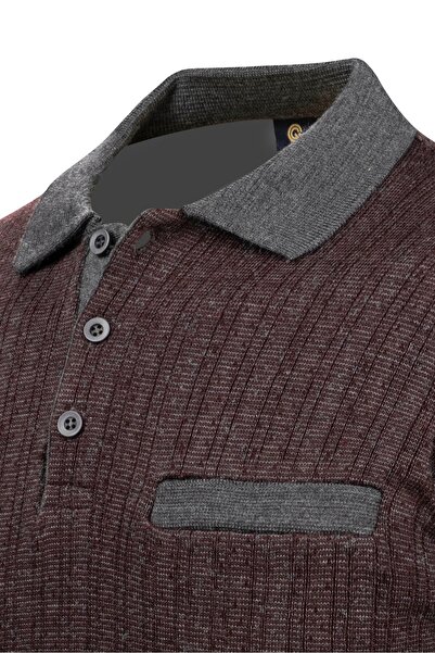 Çizgi Triko Ανδρικό πλεκτό πουλόβερ με ριγέ γιακά πόλο - Διακοσμητικά μπράτσα και λάστιχο μέσης, ατσάλινο πλεκτό - 5005F