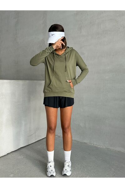 Look Forward Γυναικείο εποχιακό φούτερ με κουκούλα χακί με τσέπες