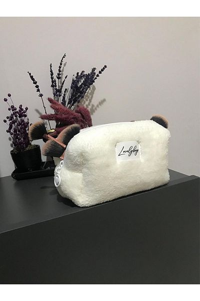LOVELYBAG GEANTĂ DE MACHIAJ DIN PLUȘ ALB