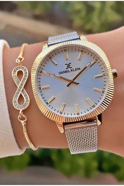 Daniel Klein Yellow Silver Color Large Case Women's Wristwatch - With Bracelet Gift
