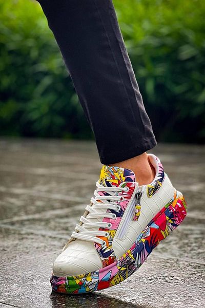 MELAMS Pantofi sport casual pentru bărbați, cu fermoar, cu model de crocodil JENA - ALB/MULTICOLOR - KBC