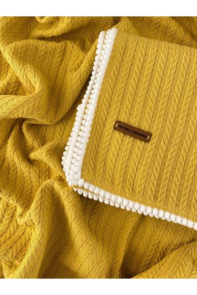 HEYBELİ ORGANİK Knitted Pattern 100% Cotton Baby Pique Blanket Mustard 120X100 cm