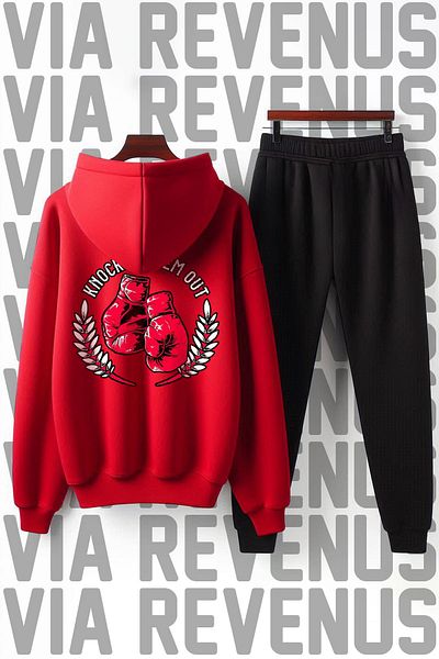 Vordevia Unisex Soft Fabric - Knocked Them Out Printed Wide Fit Hooded Tracksuit Set