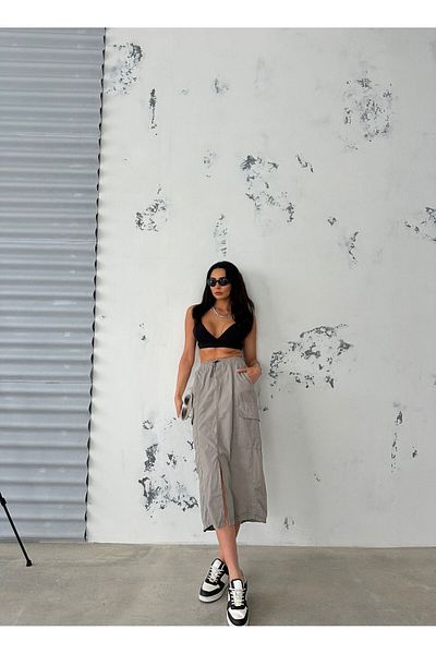 Zeo Basic Parachute Fabric Midi Skirt Gray with Waist and Leg Elastic with Cargo Pockets