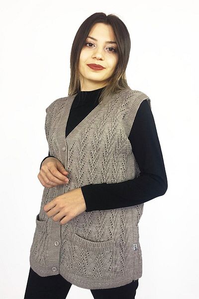 BARLAS TRİKO V-Neck Knitwear Mother Vest - Thick Wool, Buttoned Pocket