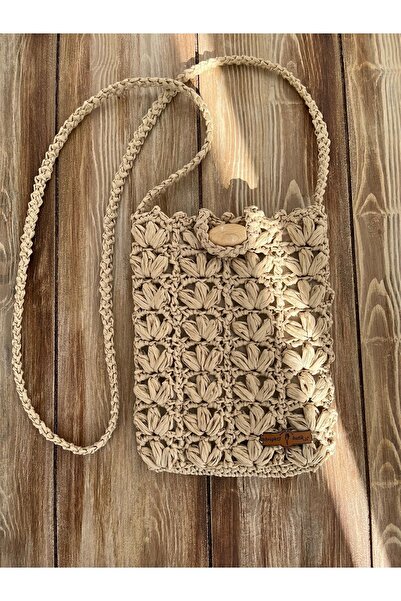 Bright3 Hasır Fıstıklı Telefon Çantası Kağıt Rafya İp El Örgüsü, Hasır, Tahta Düğmeli Astarlı Omuz Çantası