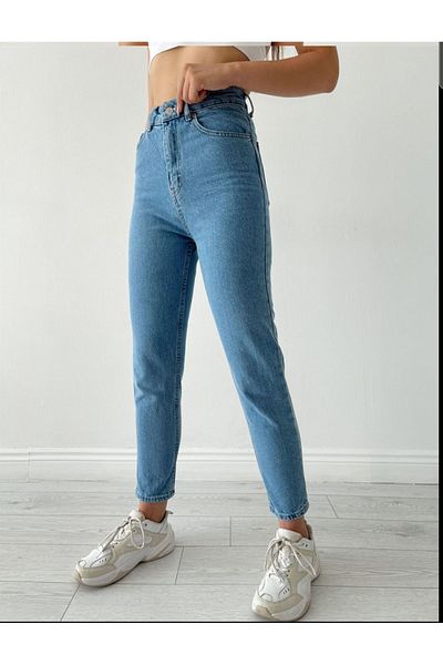 DRC trend Blugi din denim cu talie înaltă Mom Lycra albastru deschis