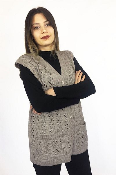 BARLAS TRİKO V-Neck Knitwear Mother Vest - Thick Wool, Buttoned Pocket