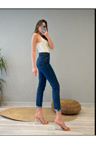 DRC trend Blugi din denim cu talie înaltă Mom Lycra albastru închis