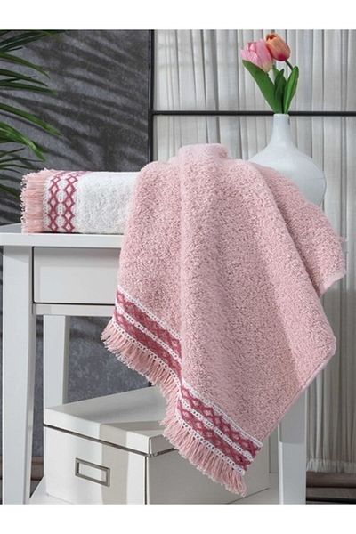 Sevim 50x85 cm 2 bucăți ciucuri dantelat moale absorbant apă 100% bumbac prosop de față pentru mâini - pudră și ecru