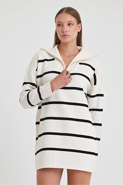 AYASOFYA OTANTIK White Striped Knitwear Tunic - Women'S, Zipper Closure