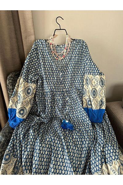 Natavan Rochie lungă albastră cu model - Jalabiya cu detaliu ciucuri