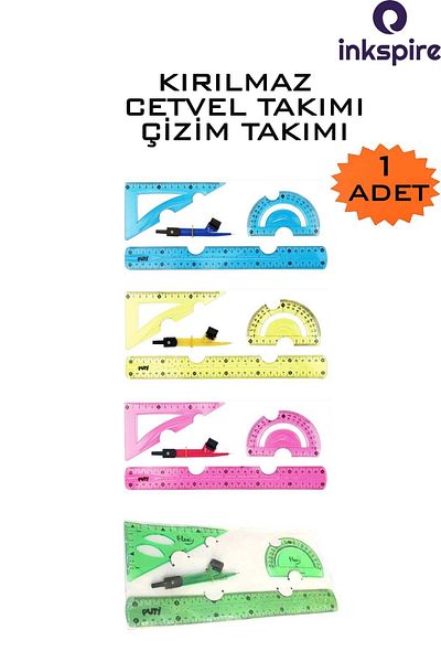 inkspire 30 cm Colored Flexible Drawing Set - Unbreakable Ruler, Jib Miter Protractor 1 Pack