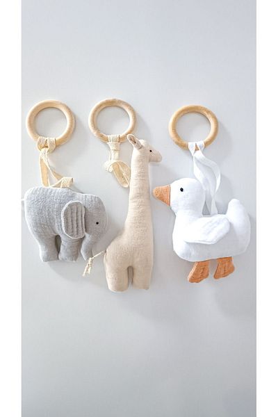 O&G Collection Elephant, Giraffe, Duck 100% Cotton Organic Multi Muslin Wooden Teether Toy / Baby Room Decor