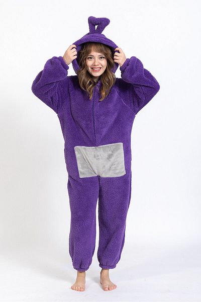 Meri Merimu Women's Neck Zippered Purple Teletabi Model Jumpsuit Pajama Set