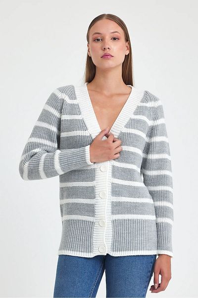 AYASOFYA OTANTIK Gray Striped Knitwear Women's Cardigan - Button Detailed