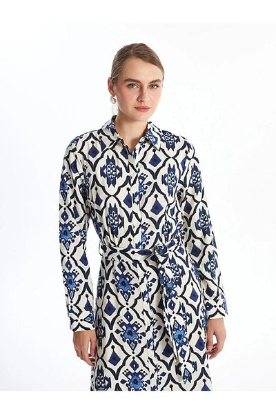 LC Waikiki Lcwaikiki Classic Blue Printed Pattern Long Sleeve Women Shirt Dress