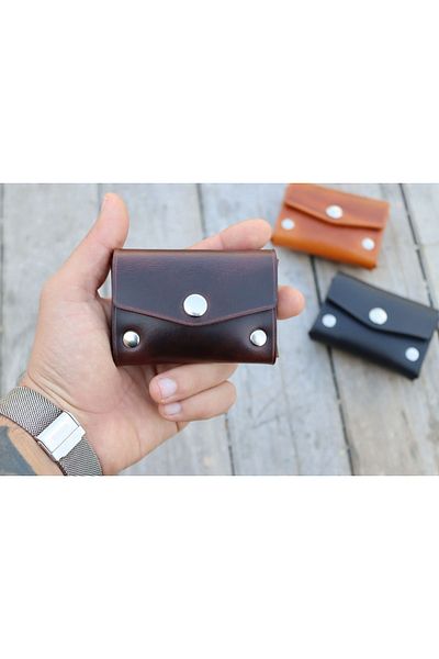 Derici Amca Genuine Italian Calf Leather, Handmade, Minimal Silver Snap Fastener Small Wallet Card Holder Brown
