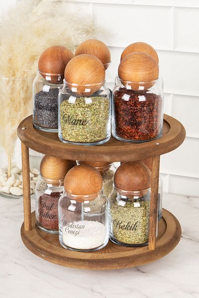 DNS HOME 10-Piece Dark Wooden Spinning Stand with Wooden Ball Lid and Labeled Glass Spice Jar Storage Jar 300ml