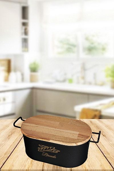 VENON Black Wooden Bread Holder - Bread Box with Wooden Handles