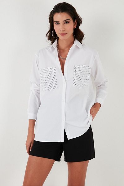 Lela Cămașă oversize 100% bumbac, cu detaliu de piatră pe buzunare51444782