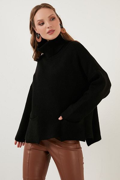 Lela Loose Pullover Sweater with Slits on the Sides, Turtleneck Collar and Pockets 63622553