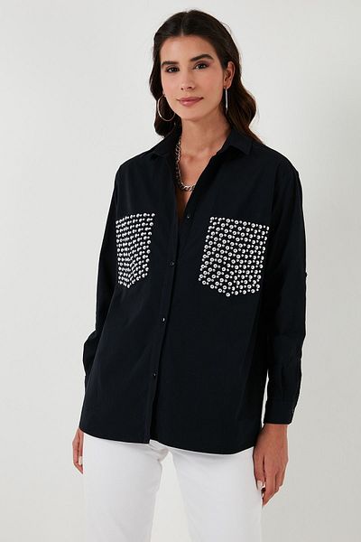 Lela Cămașă oversize 100% bumbac, cu detaliu de piatră pe buzunare51444781