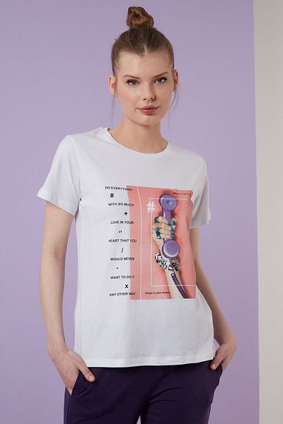 Lela Tricou alb din bumbac cu decolteu și imprimat pentru femei 6001003