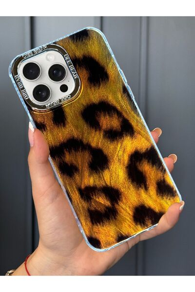 OSG iPhone 15 Pro Uyumlu Leopar Desenli Darbe Emici Kamera Çerçeveli Parlak L...