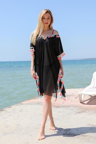 Akbeniz Μαύρες φούντες γυναικεία τουνίκ Pareo - Beach Dress 38048