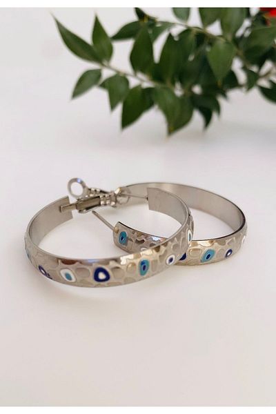 VNS Accessories Steel Evil Eye Bead Detailed Earrings