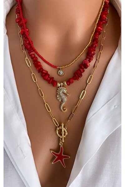 Trend Jewellery ( 3 Kolye ) Doğal Kırmızı Gerçek Mercan Taşı Çelik Zincir Denizatı Yıldız Altın Kaplama Kadın Kolye