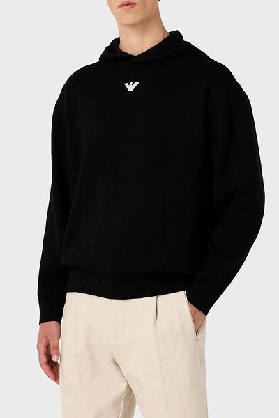 Emporio Armani Relaxed Fit Hooded Kangaroo Pocket Wool Blend Knitwear Men's Sweat 6R1MX7 1MNBZ F008