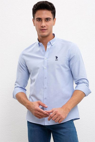 U.S. Polo Assn. Cămașă Slim Fit pentru bărbați, cu logo-ul Polo SUA, în amestec de bumbac, cu guler cu nasturi, G081GL0041829634