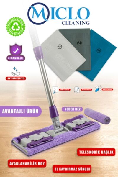 MICLO CLEANING Mandallı Teleskobik Mop 3lü Sihirli Bez