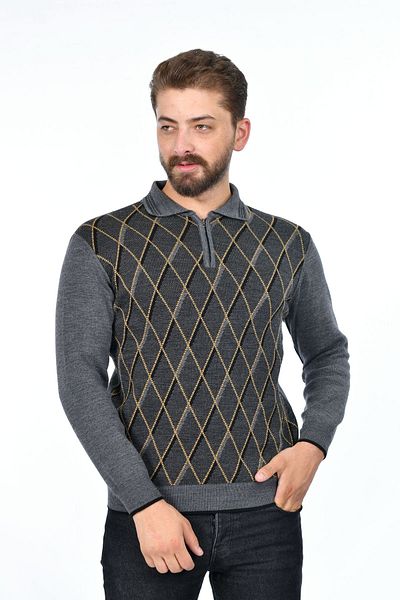 Kamalı Men's Steel Knit Diamond Patterned Shirt Collar Zippered Polo Collar Anti-Pilling Knitwear Winter Dad Sweater