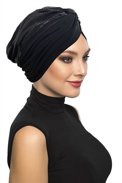 fidan bone Special Design Black Patterned Sequined Lined Ready-made Hijab Hijab Evening Dress Bonnet