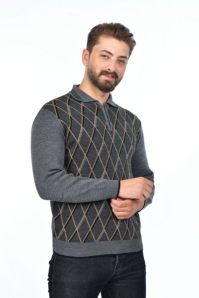 Kamalı Men's Steel Knit Diamond Patterned Shirt Collar Zippered Polo Collar Anti-Pilling Knitwear Winter Dad Sweater