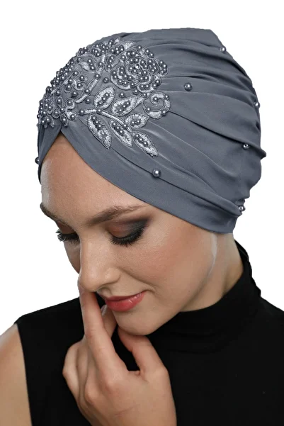 fidan bone Shattered Lined Embroidered Dark Gray Rose Motif Ready Turban Hijab Evening Dress Cap