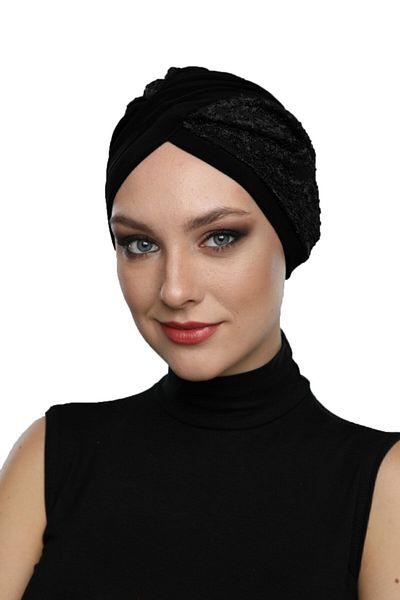 fidan bone Cross Lace Black Ready-made Hijab Hijab Pool Bonnet