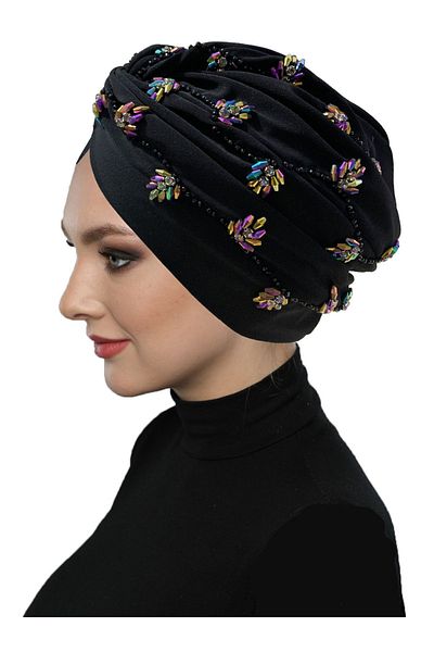 fidan bone Shining Hand Embroidered Black-Janjan Ivy Flower Lined Ready-made Hijab Hijab Evening Dress Bonnet