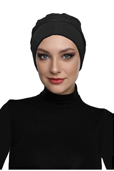fidan bone Corded, Ruffled at the Back, Pleated at the Front, Black Ready-made Hijab Hijab Bonnet