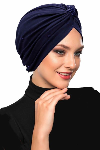 fidan bone Βραδινό καπό φόρεμα Hijab με κρύσταλλο τούλι με επένδυση Navy Blue Ready Turban