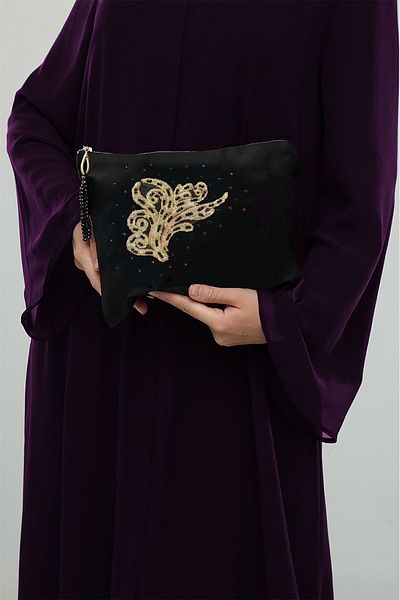bb handmade collection Чанта Portfolio Clutch със специален дизайн, ръчно бродирана дантела, сатенена черна
