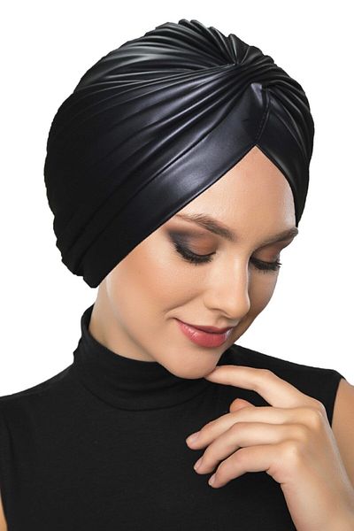 Fidan Cross Leather Black Lined Ready-made Hijab Hijab Bonnet