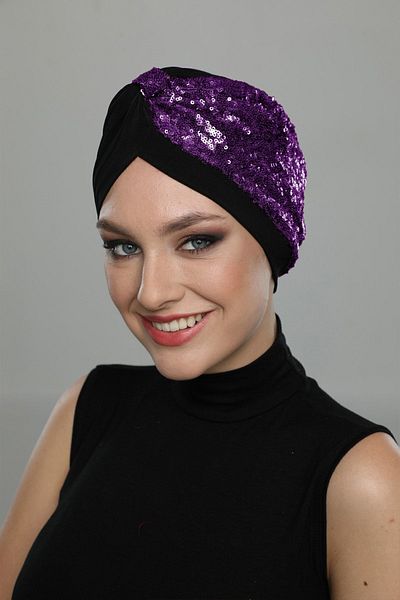 fidan bone Cross Banded Sequined Black-purple Ready-made Hijab Hijab Bonnet