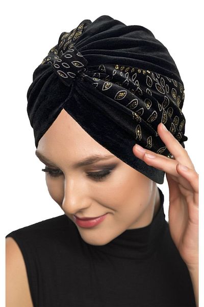fidan bone Special Design Black Gold Almond Patterned Velvet Textured Lined Ready-made Hijab Hijab Evening Dress Bonnet