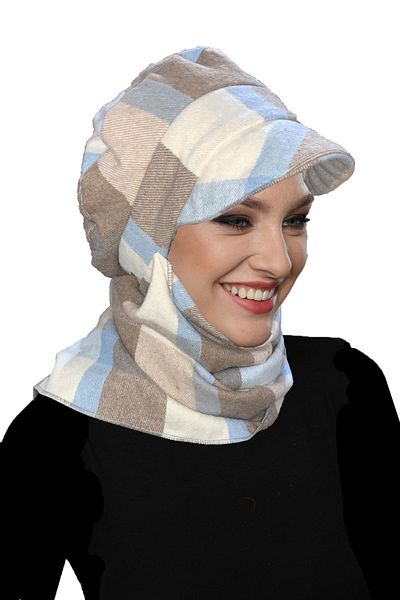 fidan bone Wool Cap Hat with Scarf Plaid Patterned Blue-Beige-Cream Ready-made Turban Hijab Bonnet Beret