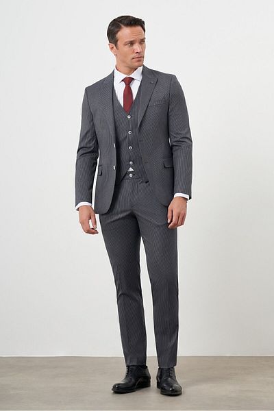Morven Men's Slim Fit Smoked Polyviscose Suit - Pointed Collar with Striped Pattern and Vest