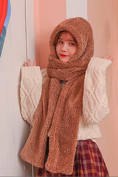 Bundera Scarf Coffee Hooded Women Plush Beanie Scarf Female Welsoft Fleece Neck Collar Shawl Windproof Hat